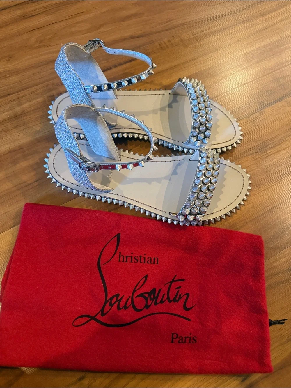 Christian Louboutin Silver Studded Leather Ankle-Strap Sandals size 40